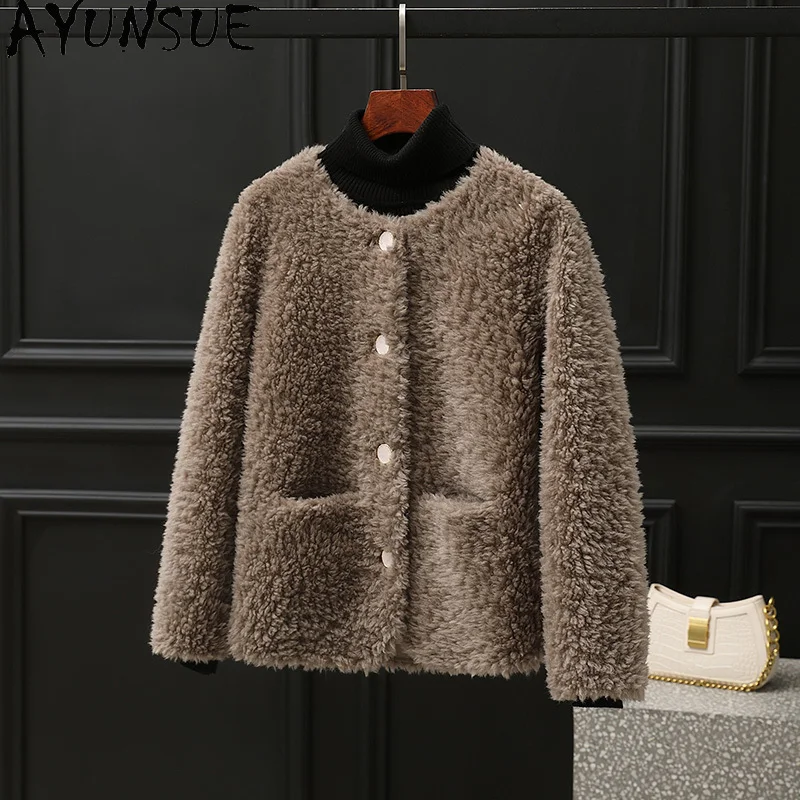 معطف صوف 100% من AYUNSUE للنساء 2025 جاكيت شيرلينغ من الحبوب ملابس الخريف والشتاء للسيدات كوري palldtt Жengarško فرو مركب
