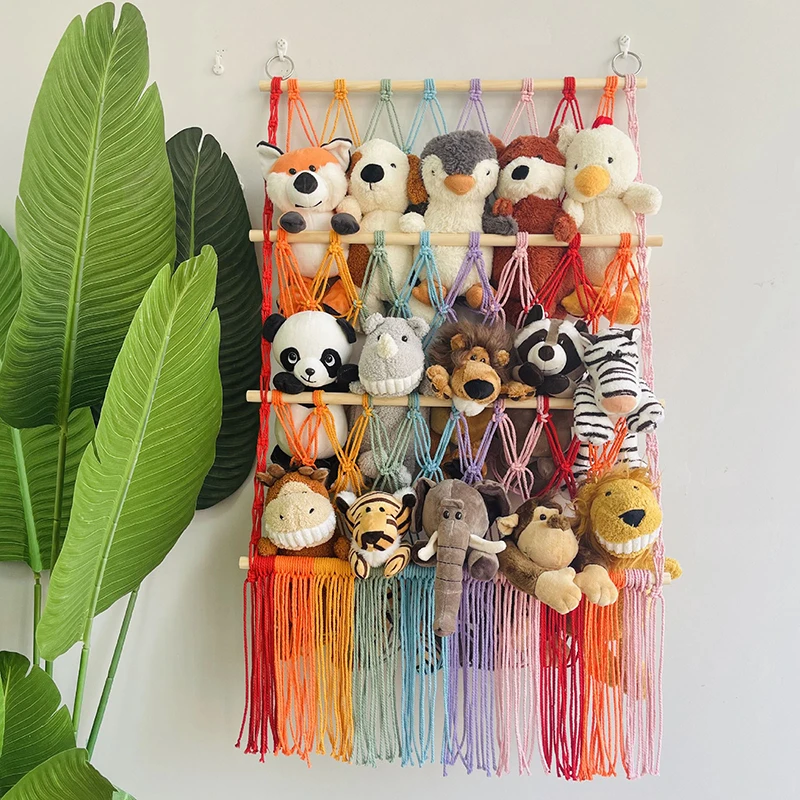 3 Layers Plush Bohemian Toy Storage Mesh Pocket Wall Toy Holder Display Ornament Decoration Children's Room Book Ornament