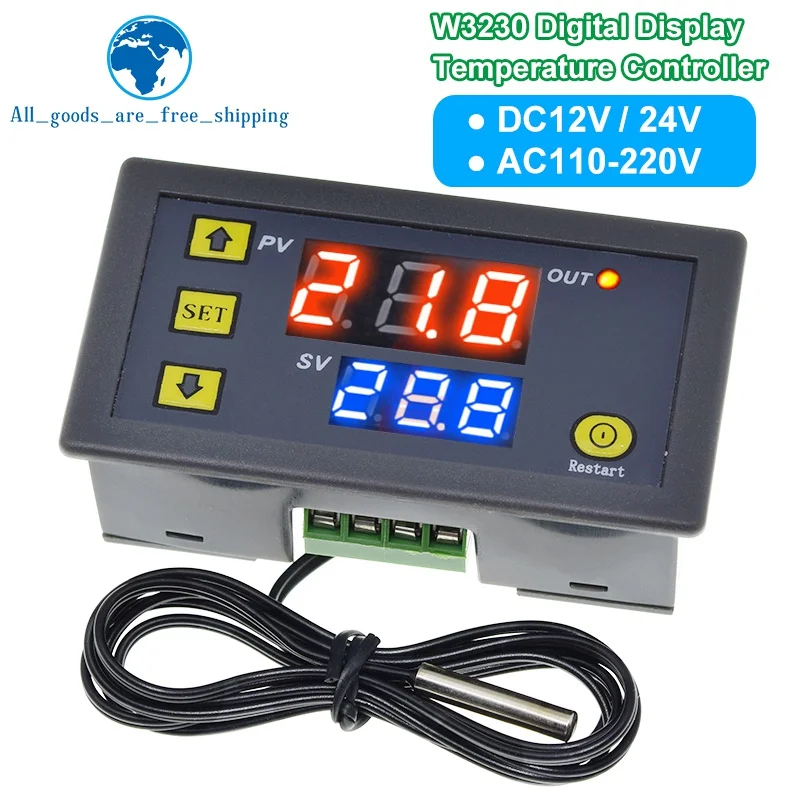 W3230 12V 24V AC110-220V Probe line 20A Digital Temperature Control LED Display Thermostat With Heat/Cooling Control Instrument