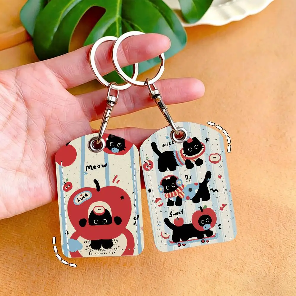 Cartoon Black Cat Cute Card Holder With Keychain Executive Protection For Bank Credit Subway Bus Case