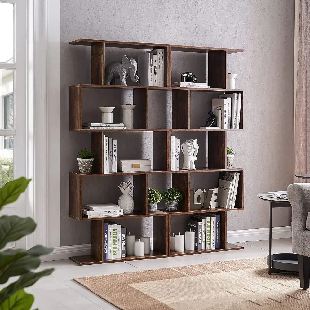 

Set of 2Geometric Bookcase S-Shaped Modern Bookshelf, 62.6"HTall Unique Abstract Bookcase with 5-Tier Display Shelf Rustic Brown