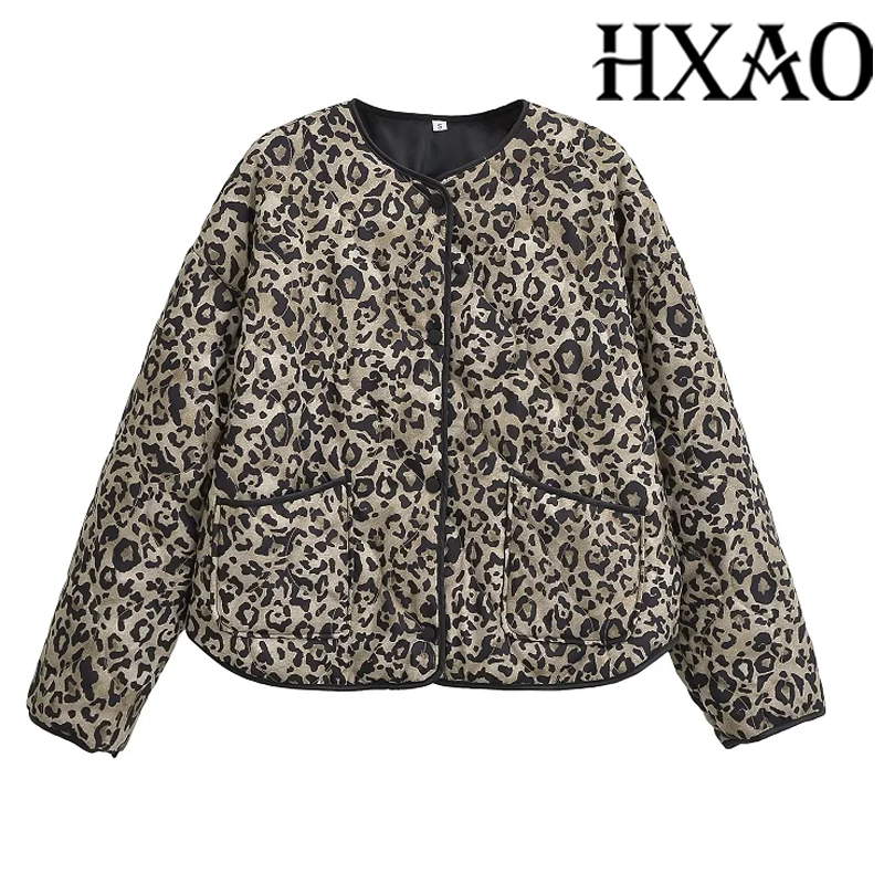 HXAO Women Winter Coats Vintage Leopard Quilted Jacket Woman Outerwears Autumn Long Sleeve Short Padded Jacket Warm Woman Coats