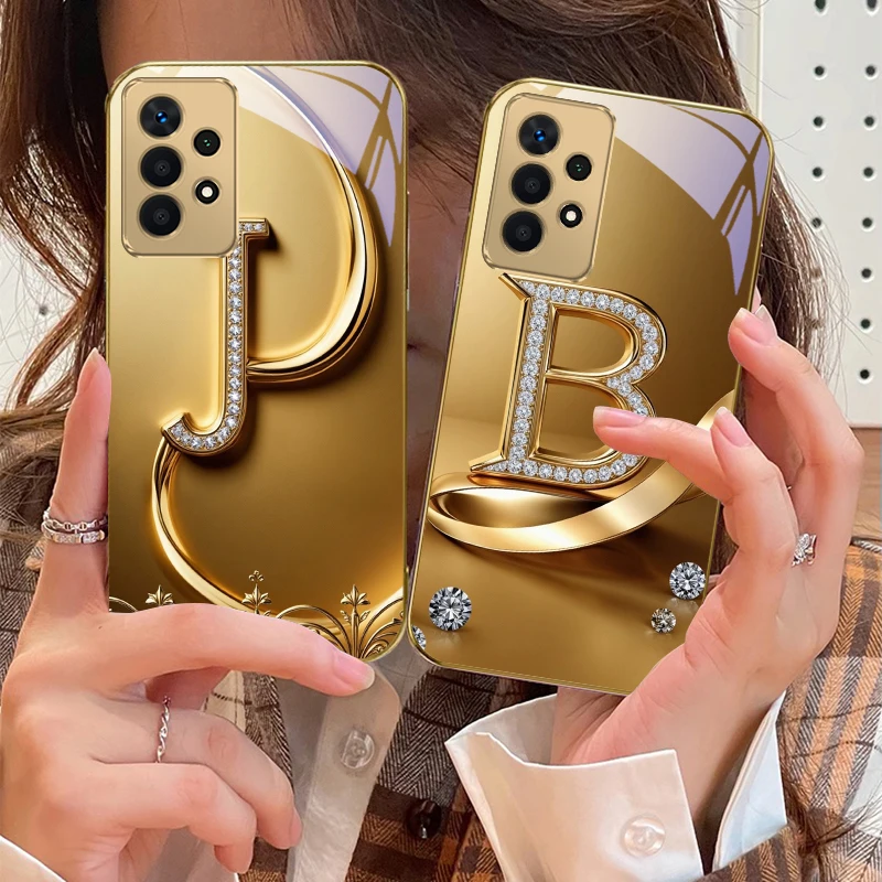 

The high-end letter "J" For Samsung A 01 52S A04 A05S A10 A12 13 22 23 24 36 42 M02 Note 10 20Ultra 8 9 Golden glass phone case
