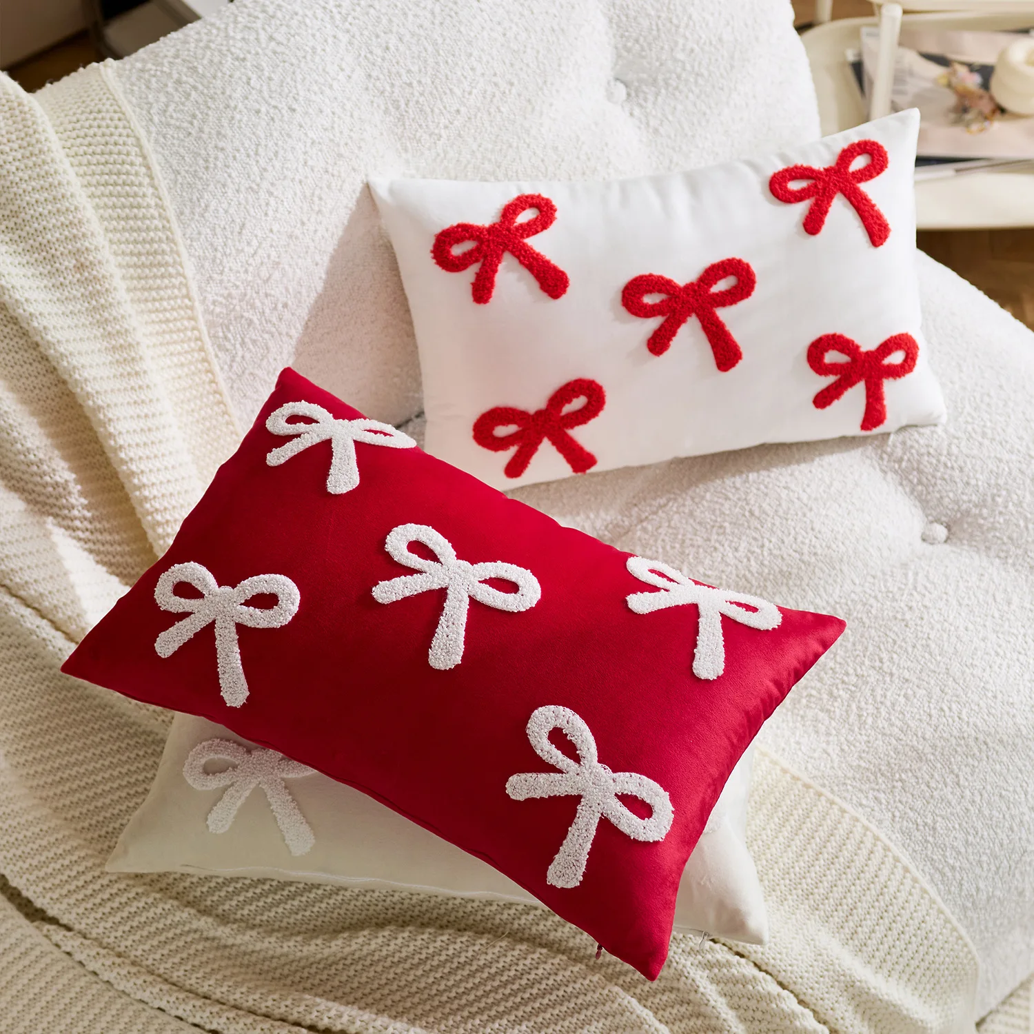 Christmas Gift Red Pillowcase Bowknot Embroidered Pillow Covers Decoration Pillow Cases for Home Bedroom Couch 30x50cm 45x45m