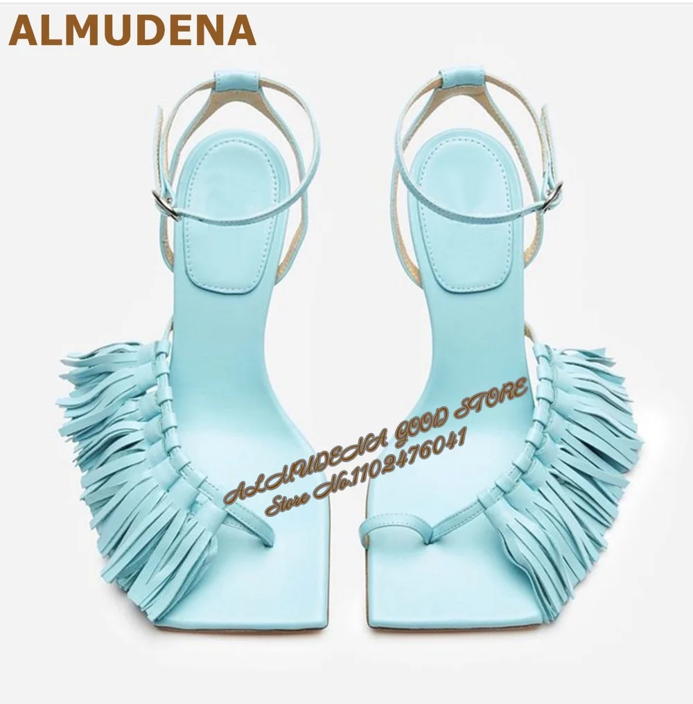 

ALMUDENA Fringe Square Toe High Heel Sandals Turquoise Matte Tassel Clip Toe Dress Shoes Stiletto Heels Ankle Buckle Strap Pumps