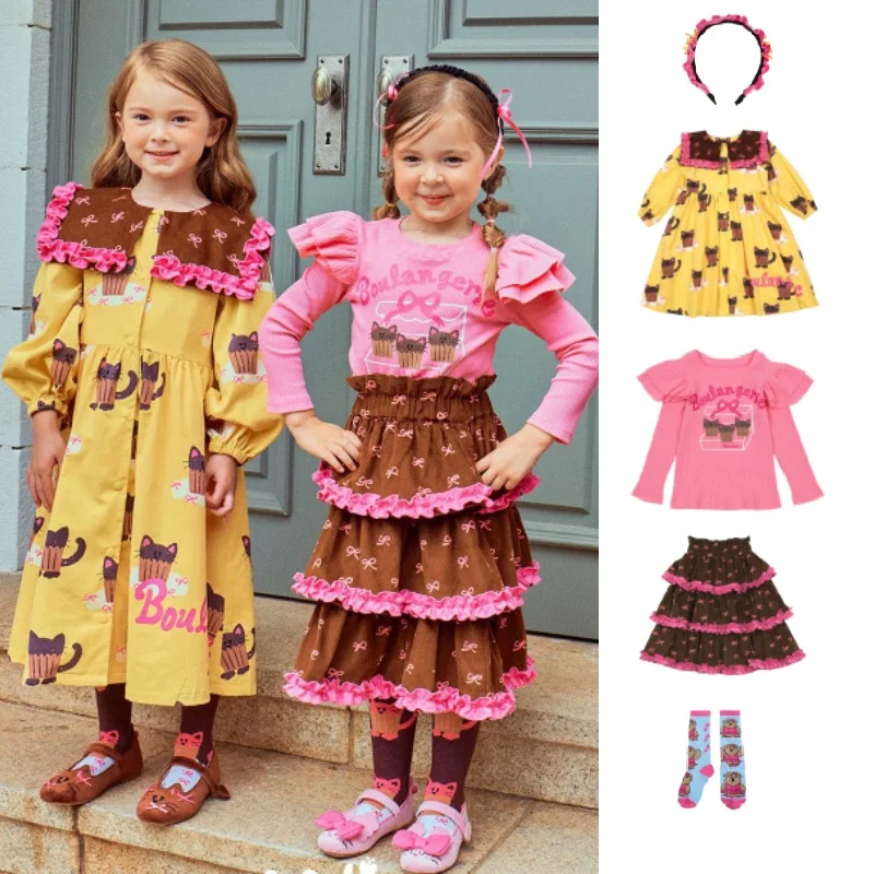 

Girls Dress 2025 Fall New Printing Fashion Korean Version Of The Children's Dress Cotton Pink Long-sleeved T-shirt Cake Skirt