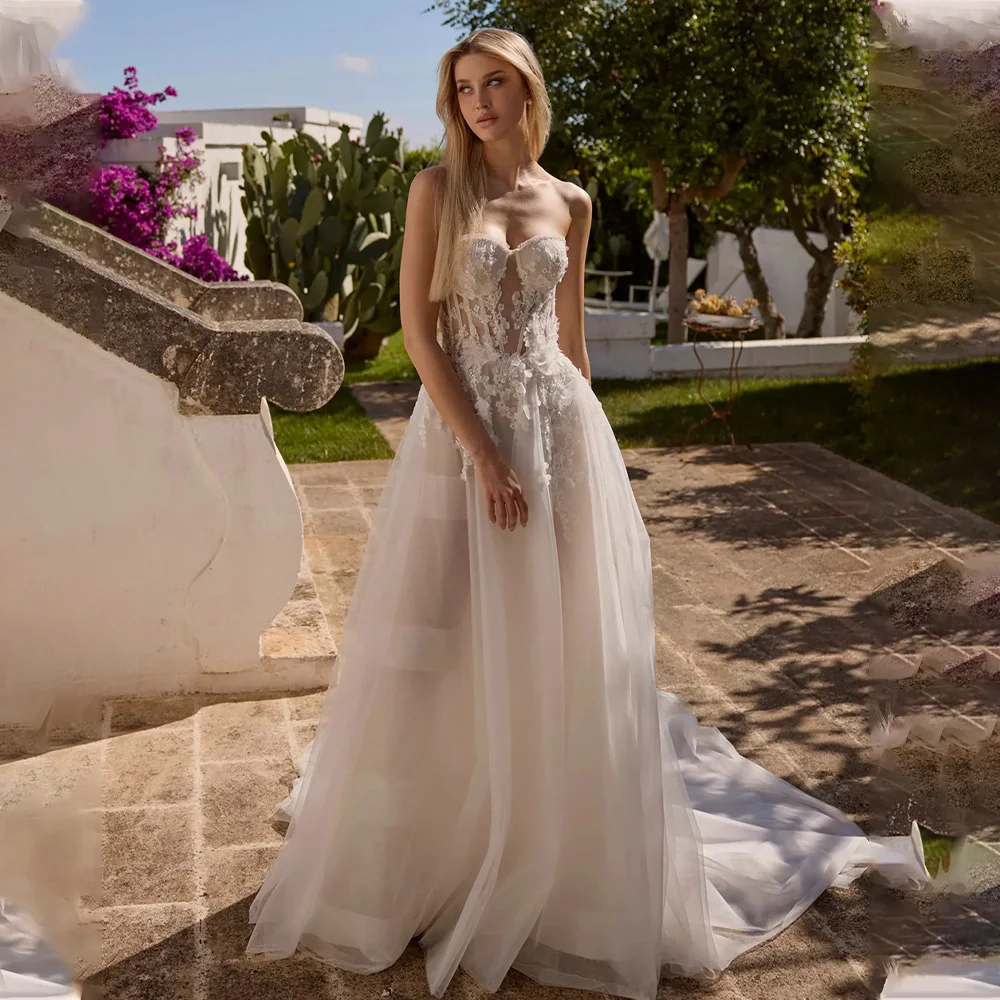 

New Sweetheart Lace Applique Bridal Grown A Line Wedding Dresses Custom Made 2026 Vestido De Noival