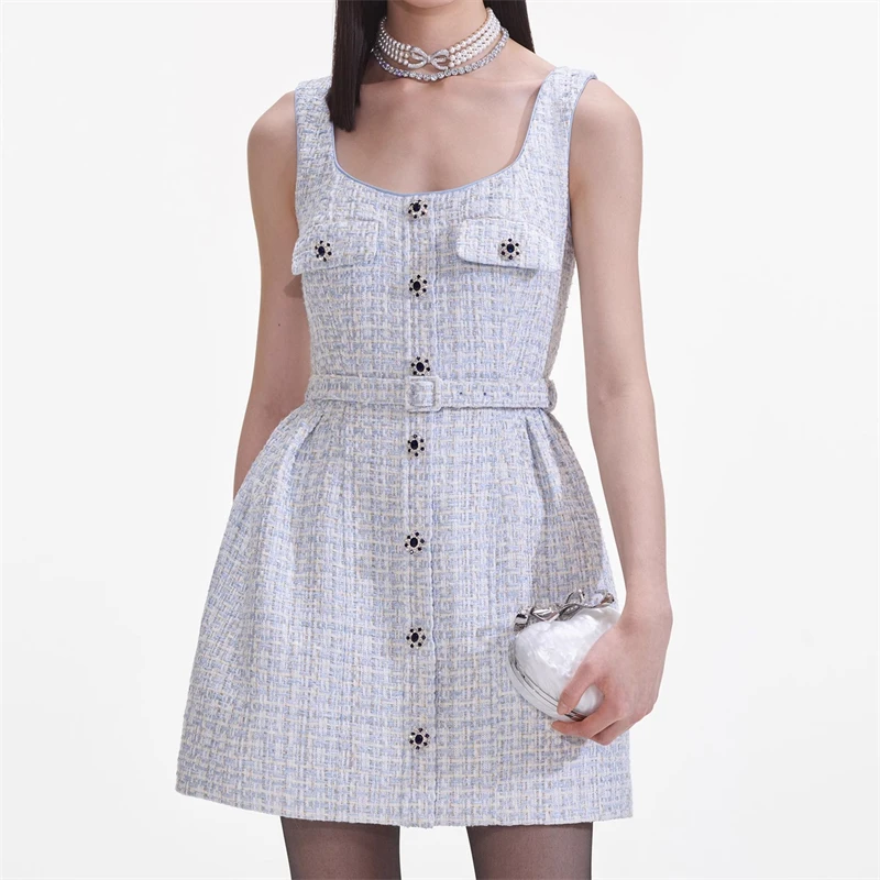 

Summer new women'sSquare collar jewel button decorated strapKnit dress y2k high quality fashion high street fashion A-line skirt