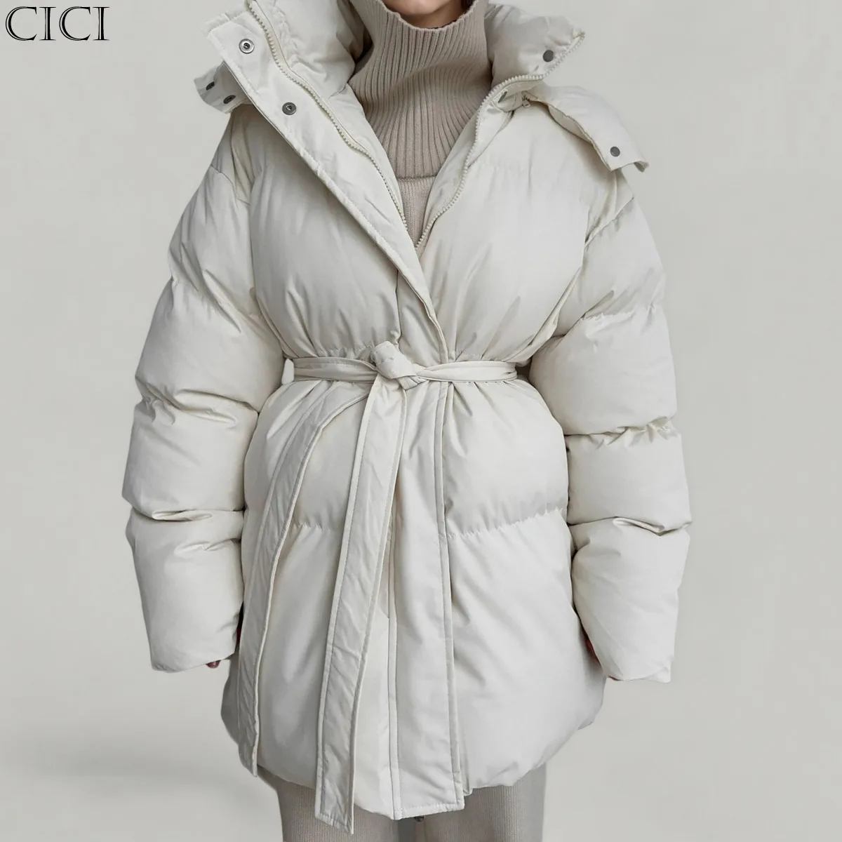 CiCi المرأة تعادل الخصر معطف منتفخ شتاء دافئ البوليستر مقنعين سترة لخريف ملابس خارجية موضة سترة غير رسمية الشارع الشهير #1