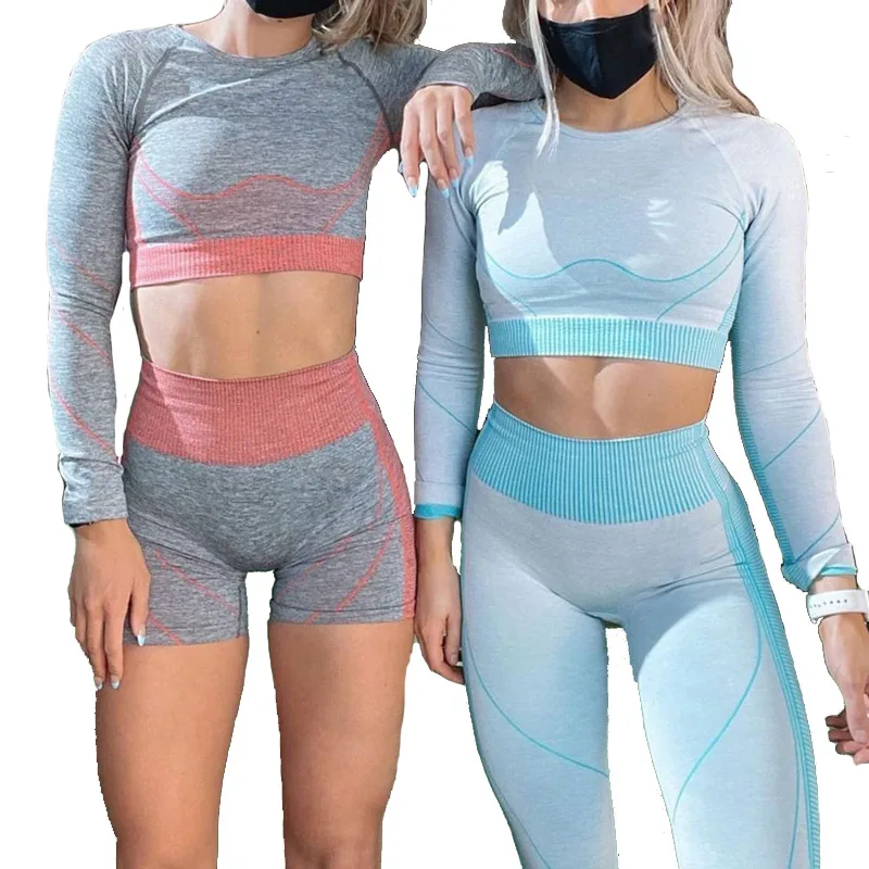 Seamless Rib Yoga Set Sport Outfits Women Two 2 Piece Dry Fit Tight Long Sleeve Crop Top+Leggings Workout Gym Suit Fitness Sets