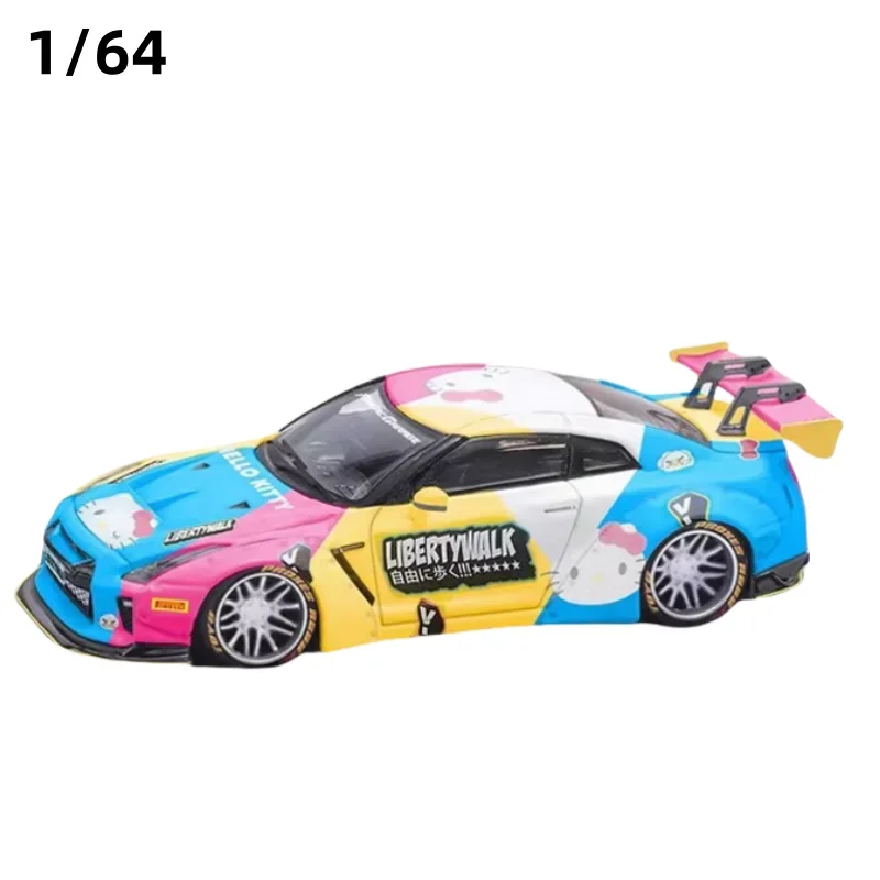 1:64 Nissan GTR R35 LB wide-body hello Kitty alloy model, children's collection of decorative toys, New Year gifts for friends.