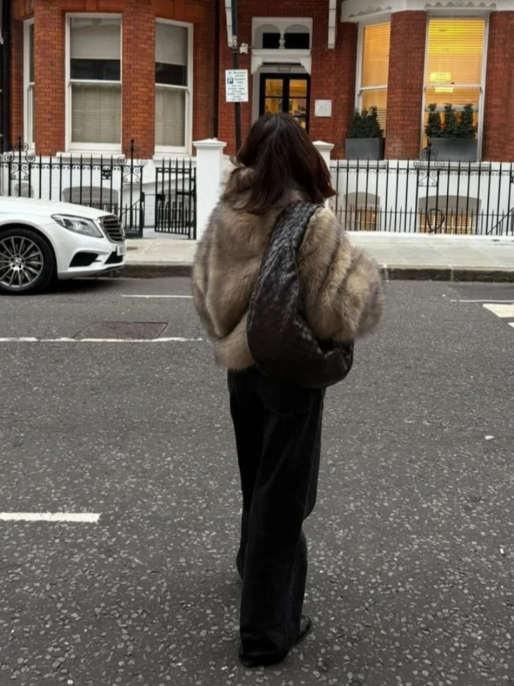 Abrigos de piel esponjosos degradados para mujer, ropa de abrigo recta de manga larga con cuello alto, chaquetas cortas gruesas y cálidas para invierno 2024