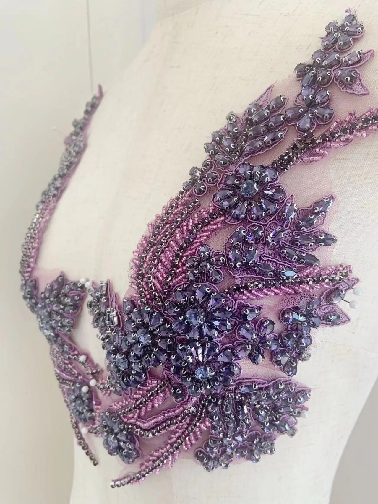 1 Pair Purple Deluxy Crystal Patch Handmade Floral Rhinestone Applique for Ball Gown,Bead Bodice,Bridal Decor,Wedding Dress