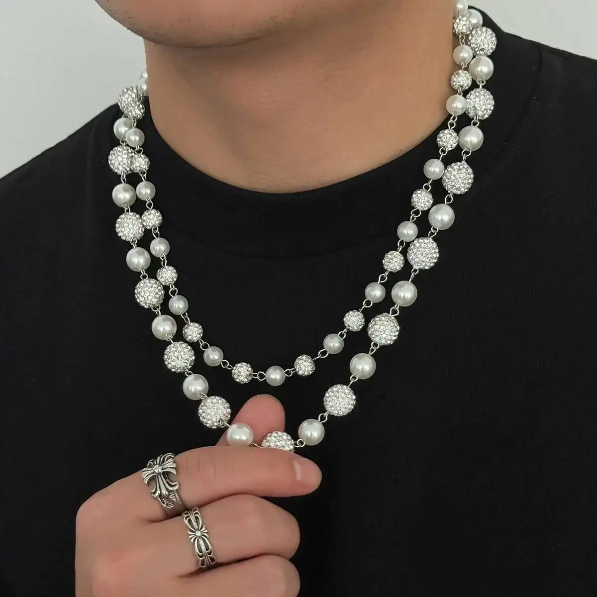 

SHIXIN 2pcs/set Hip-hop Rhinestone Round Ball Beads Choker Necklace for Men Punk Imitation Pearl Clavicle Chain Male Jewelry