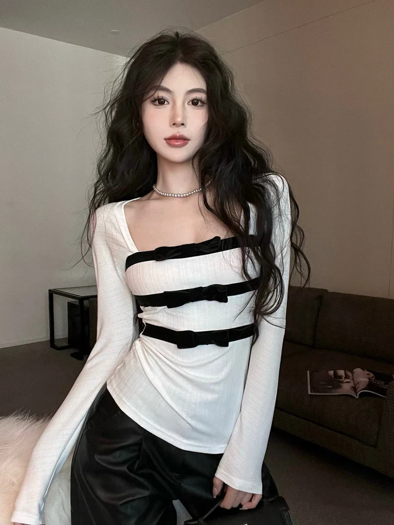 Velvet Bow Pacthwork Long Sleeve Top Korean Fashion Casual All-match Square Collar Tshirts Y2k Aesthetic Punk Tee E-girls