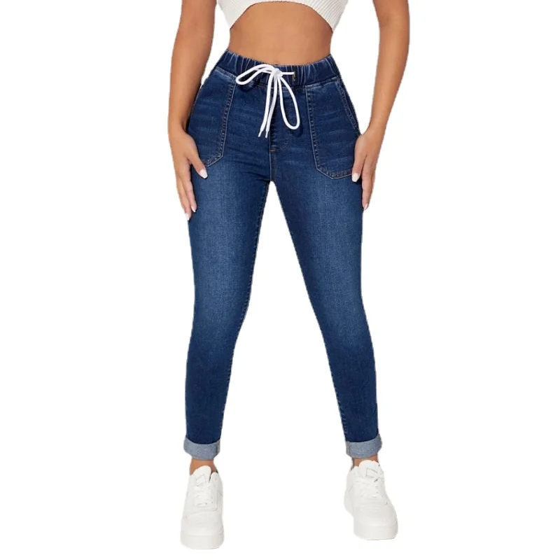 Jeans com cordão feminino, elástico na cintura, cintura alta, comprimento total, calça lápis stretch