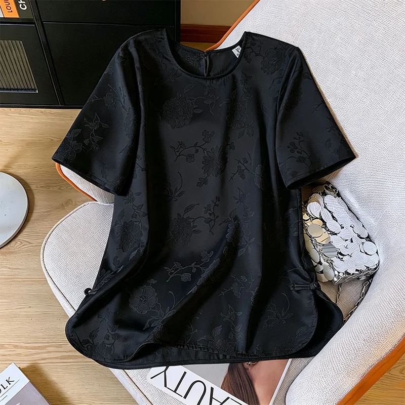 

Women's plus Size Shirt Summer New Chinese Style National Trend Short Sleeve Cover Belly Button Tunic Top round Neck Regular Fit