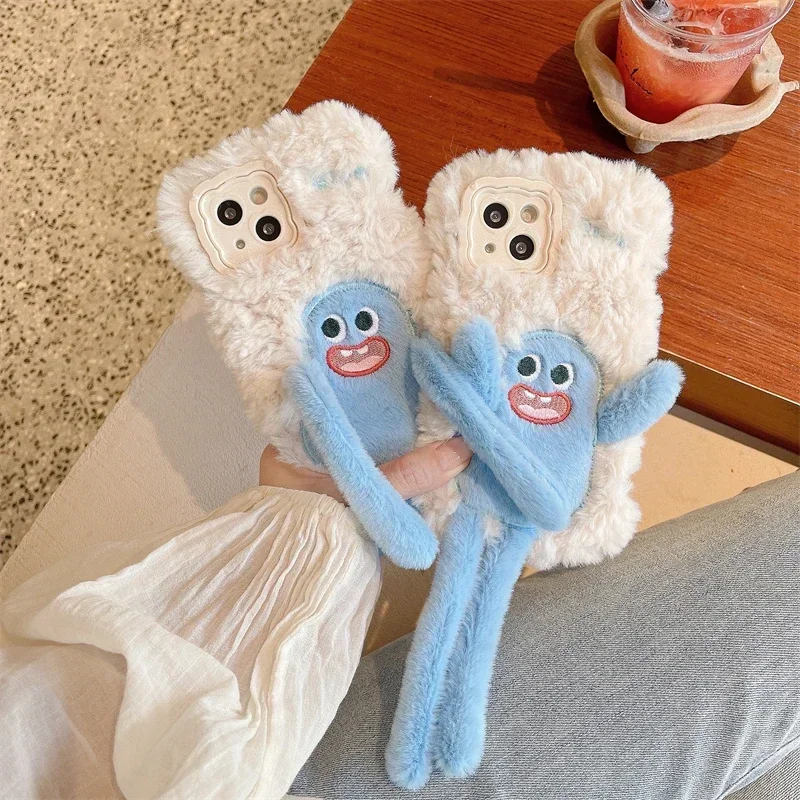 3D Cute Pull the Warm Winter Plush Fur Cover For Huawei Mate 60 50 40 Pro 30 Pro Plush Toy Cartoon Stand Phone Case Cover