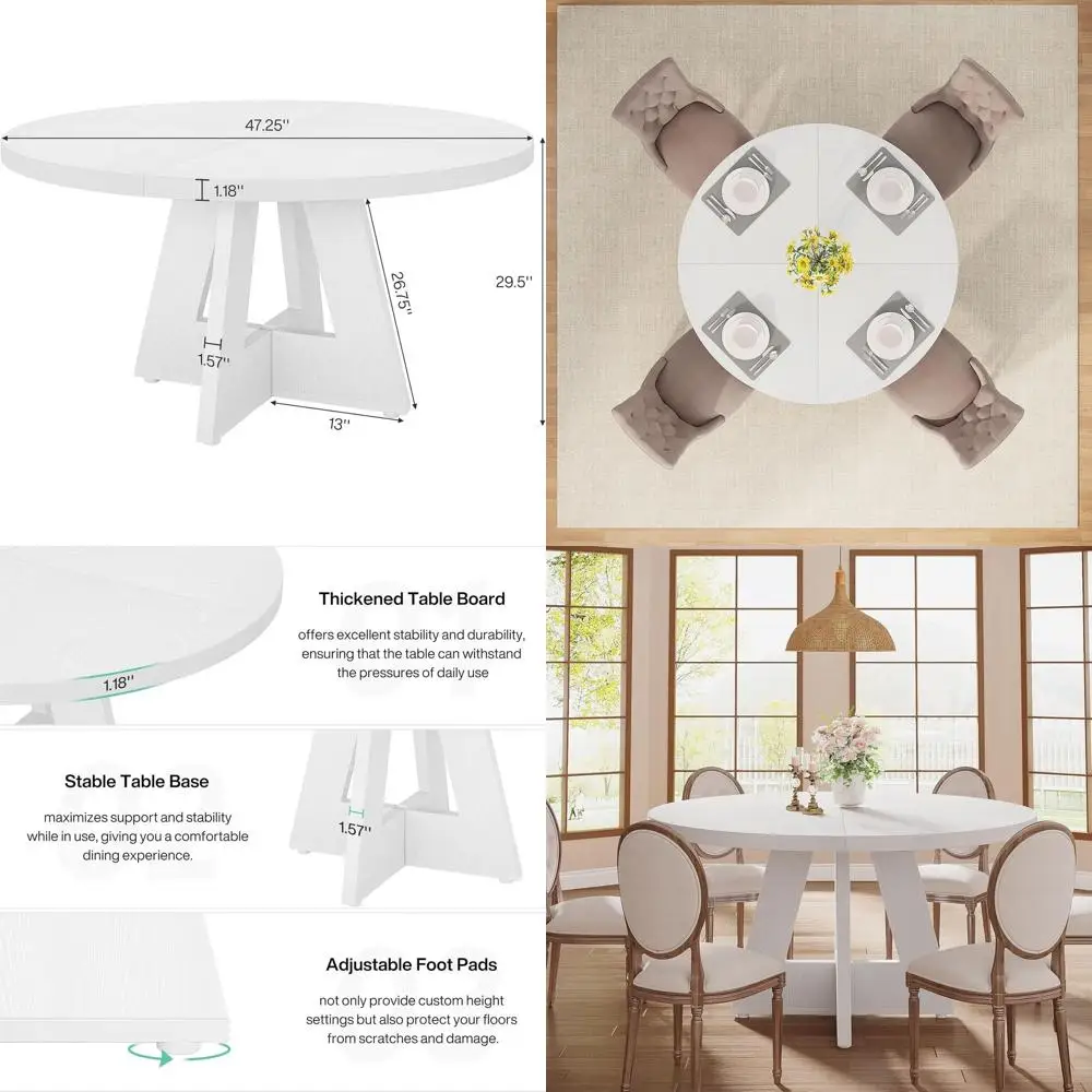 

47 Round Wooden Dining Table, Seats 4-6, White Accent Furniture with Wooden Top and Base