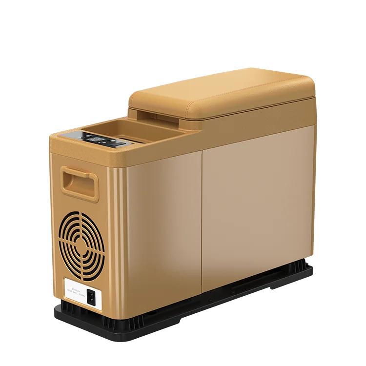 

CF8 7.4L Mini Car Fridges Customized Leather Fridges with wireless charging design Installed between two seat