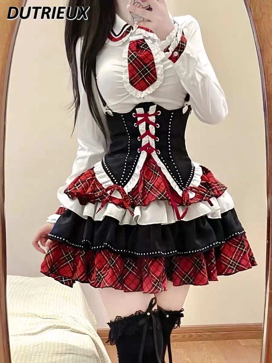 

Sweet Lolita Heavy Industry Plaid Contrasting Skirt High Waist Puffy Short Skirts Splicing Strap Waist and Long Sleeve Shirt Set