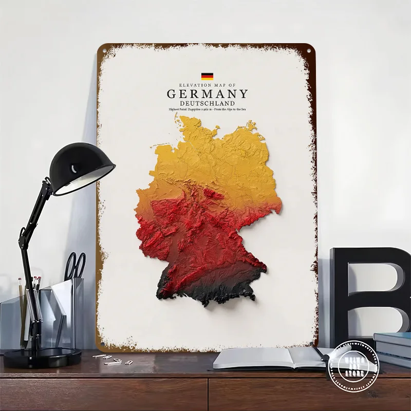 Elevation Map of Germany Personalized 3D Textured Metal Poster Wall Art Tinplate Sign for Modern Home Decoration Luxury House