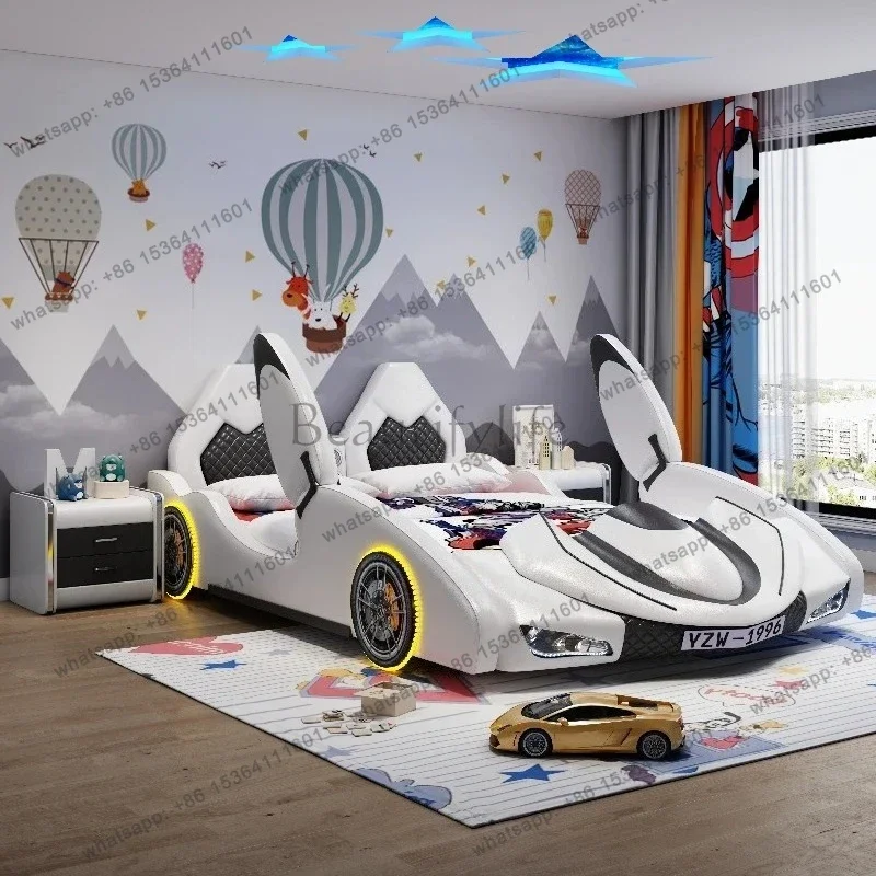 

queen bedroom children car base frame double bed full size kids bed Intelligent projector colorful lights wheels open car door