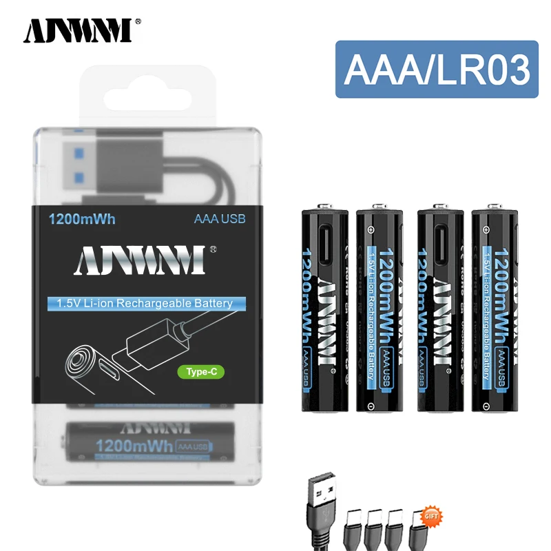 

High capacity 1.5V AAA Li-ion Rechargeable Battery 1200mWh USB Lithium Battery for toy keyboard Remote control wireless mouse