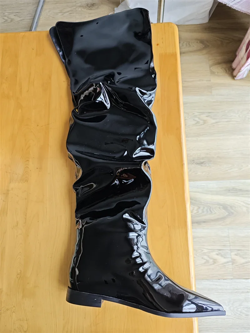 2026 Flat Bottomed Boots Silver Fashion Pleated Shoes 35-45 Thigh Boots Pointed Toe Internet Celebrity Low Heeled Women's Boots