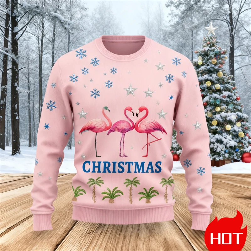 Nuevo en suéter navideño feo para hombre, jersey con estampado 3D de flamencos para hombre, Tops, sudadera con cuello redondo, prendas de vestir informales para parejas, Tops Unisex
