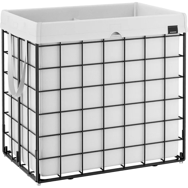 Laundry Hamper, 34.3 Gal  Removable and Washable Liner, Metal Wire Frame, for Bedroom Bathroom, Cream White ULCB113W01