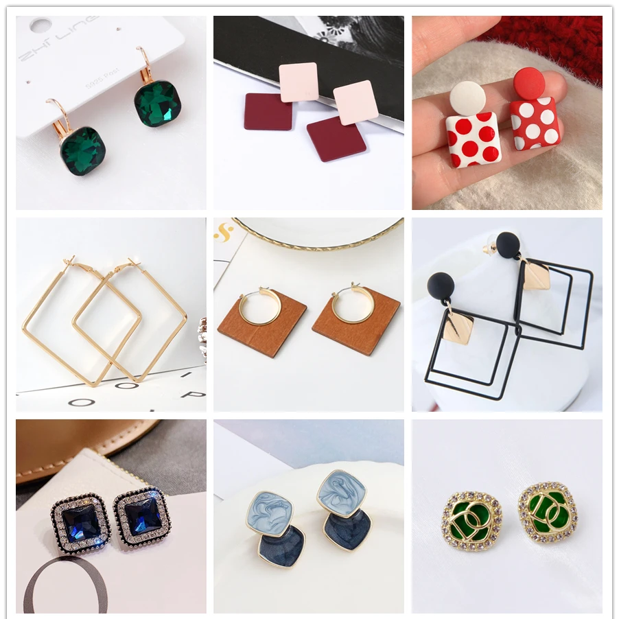 New Square Drop Earrings for Women Trend Simple Metal Crystal Enamel Pearl Geometric Rhombus Hiphop Jewelry Gift