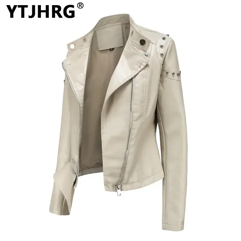 YTJHRG-chaquetas de motorista para mujer, Tops con remaches, cuello levantado, piel sintética, dobladillo Irregular, abrigo de PU con bolsillo,