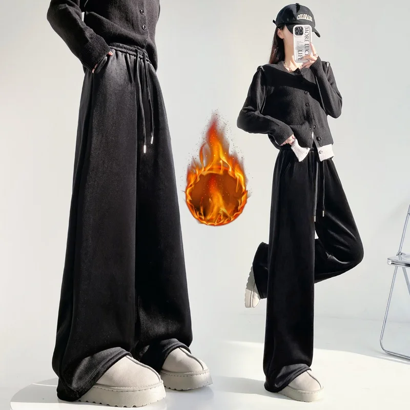 2025 outono inverno novo sle fce forrado thi bla veludo dstring calças de perna larga calças casuais versátil calças compridas