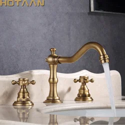 Solid Brass Bathroom Basin Mixer Tap Antique Brass Kitchen Sink Faucet Dual Handles 3 holes 3 pcs Deck Mounted Basin Faucet