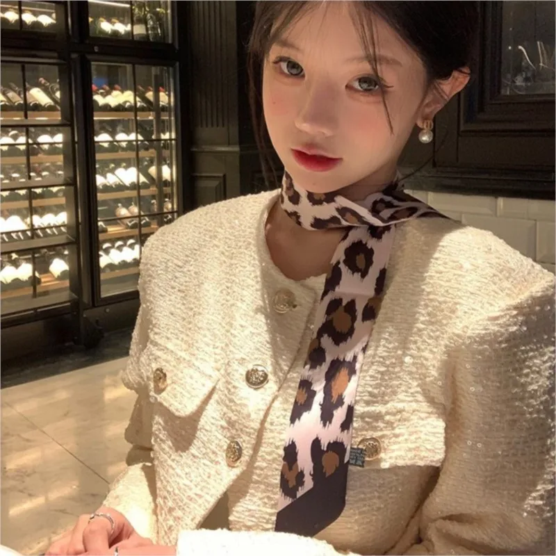 Ladies Mini Leopard‑Pattern Neckerchief Slim Ribbon Versatile Wrist Sash for Bag Handle Wrapping Chic Fashion Ornament