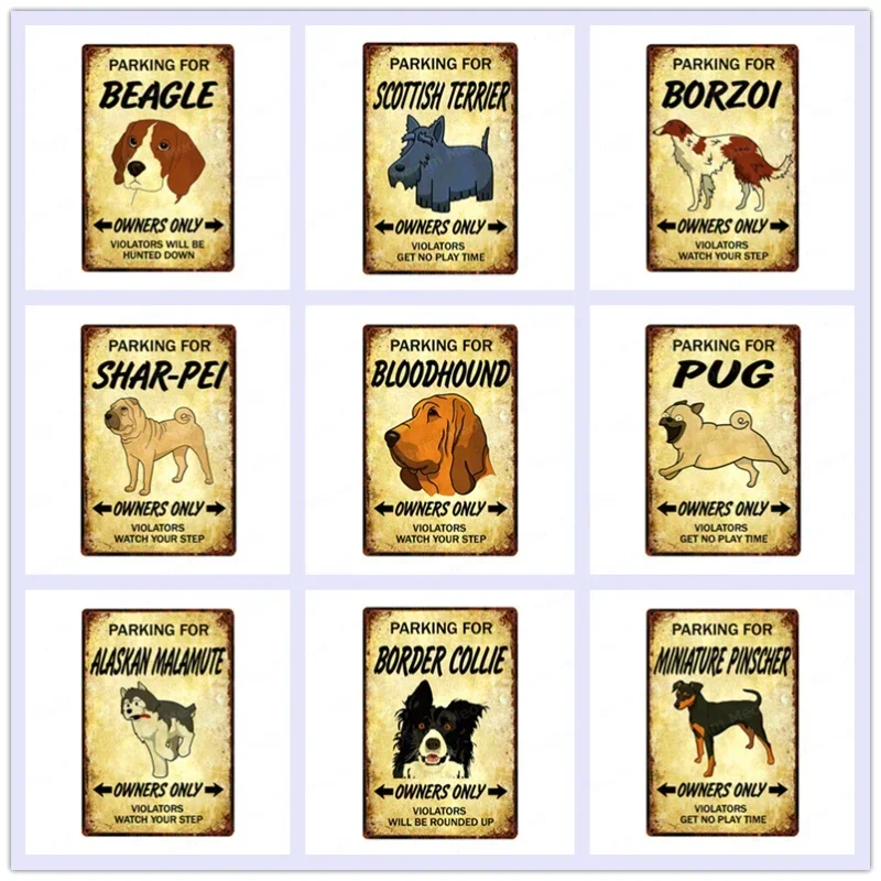 Parking for Pet Dog Vintage Plaque Beagle Metal Tin Signs Pub Bar Cafe Home Decor Borzoi Shar Pei Brittany Wall Art Poster