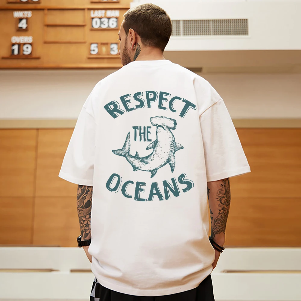 Respect The Oceans Print Mens Cotton Tee Clothing Creativity Vintage Casual Short Sleeve Oversize Breathable O-Neck Man T-Shirts