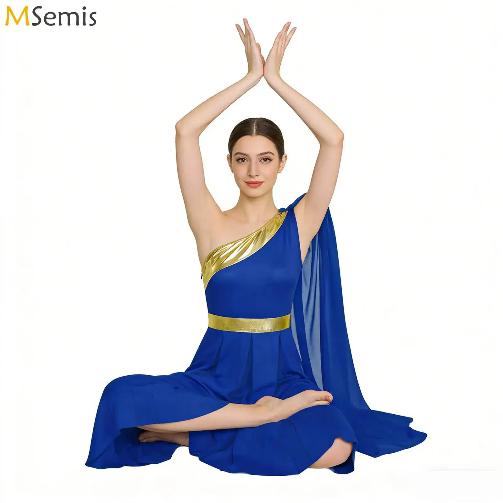 

Womens Metallic Shiny Ballet Lyrical Worship Tunic Dresses Drape Slit Hem Liturgical Praise Ballet Dance Performances Costume