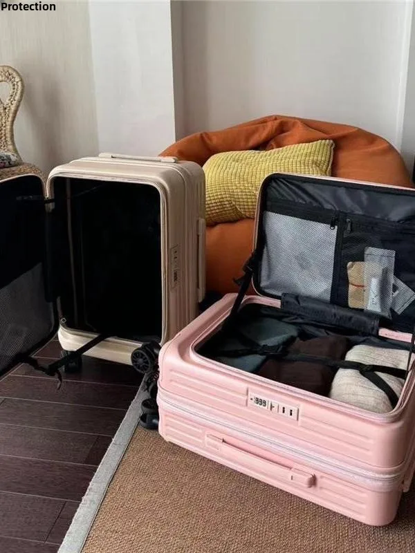 Mala de Viagem Feminina de Couro com Abertura Lateral, 20 Polegadas, com Senha, Multifuncional e Expansível