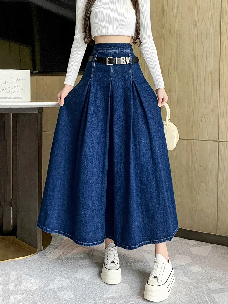 New Women Spring Summer Long Denim Skirt Fashion Vintage High Waist A-Line Skirt Casual Simplicity Blue Denim Skirt