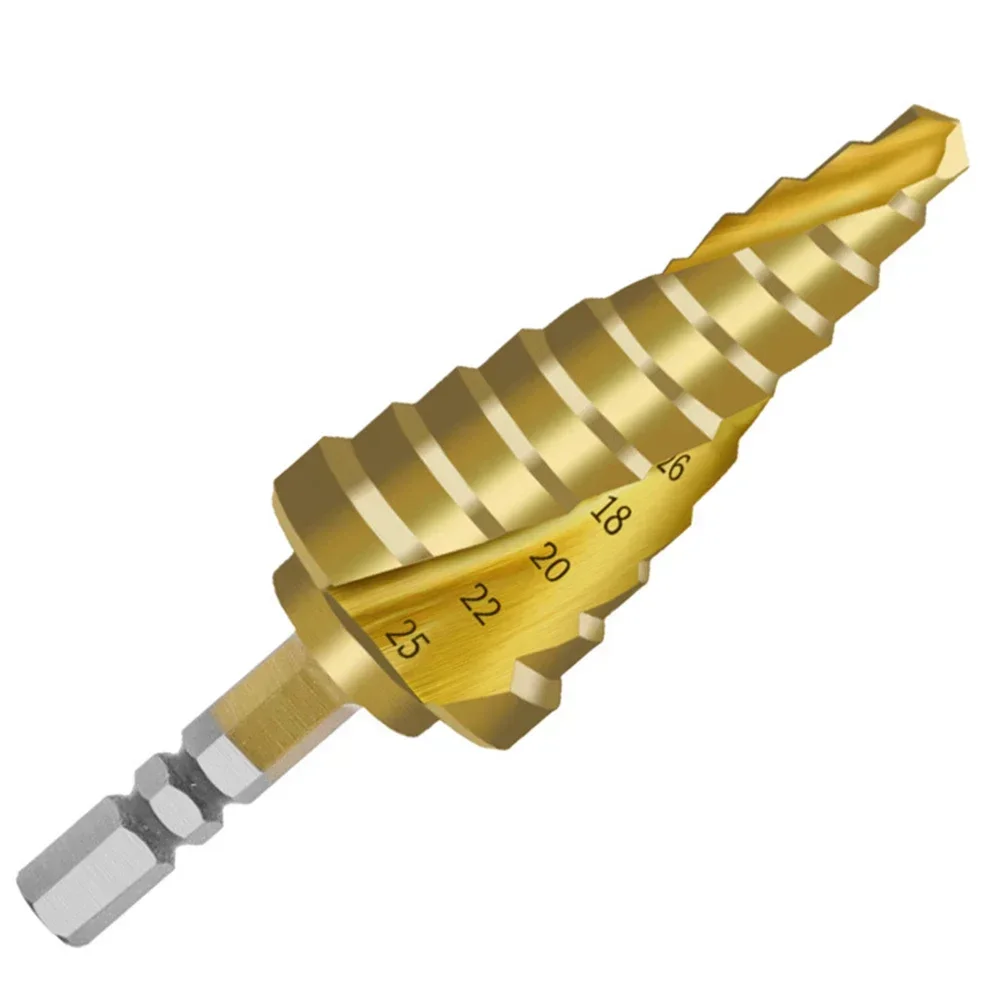 

1 шт. 6-25 шестигранный хвостовик Pagoda ступенчатое сверло с титановым покрытием спиральная канавка сверло для развертывания высокоскоростная сталь 4241 бит резак по дереву