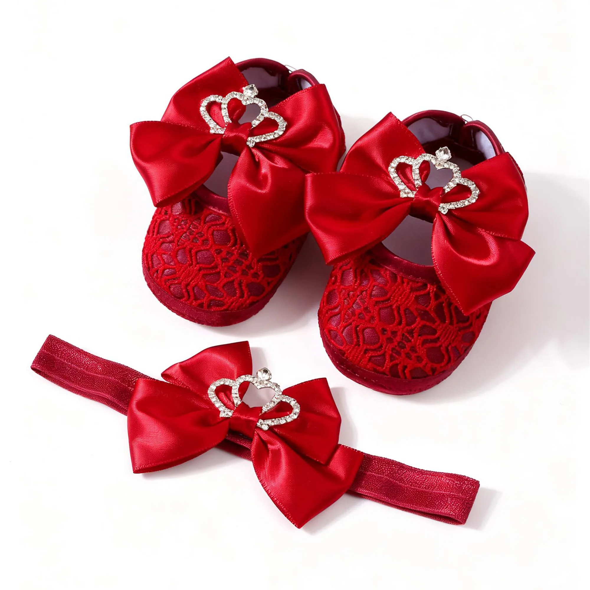 

Toddler Girls Sparkly Mary Jane Shoes with Bowknot Headband Set Glitter Crown Decor Soft Sole First Walkers Princess Shoes