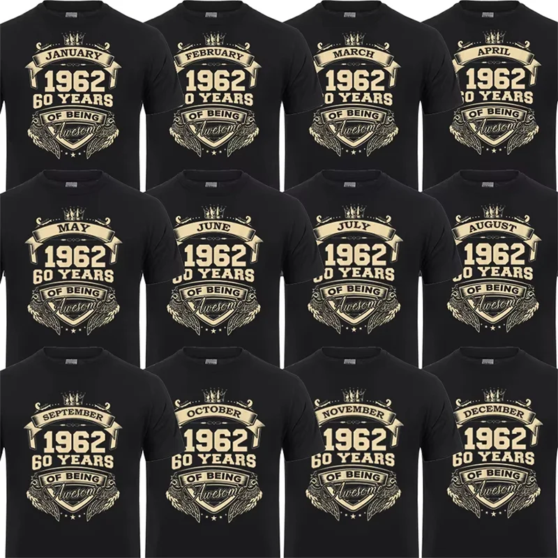 Футболка «Рожденный в 1962 году 60-летним быть потрясающим», Январь, февраль, апрель, май, июнь, августов, сентябрь, октябрь, ноябрь, декабрь