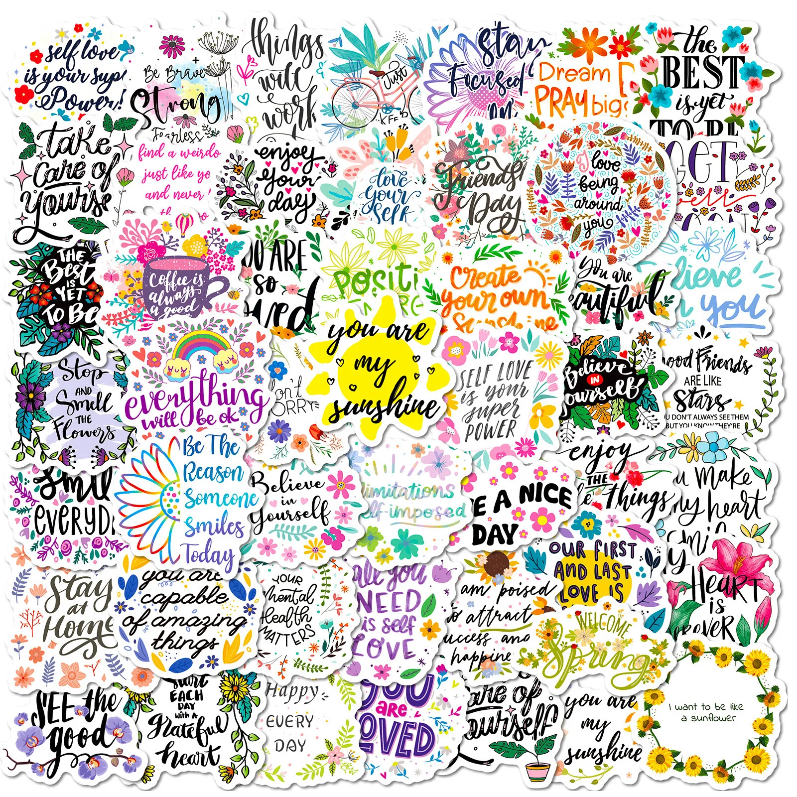 50 autocollants de mots d'affirmation positive, autocollants floraux motivants, imperméables, pour ordinateur portable, bouteille d'eau, scrapbooking, cadeau de récompense pour enseignant
