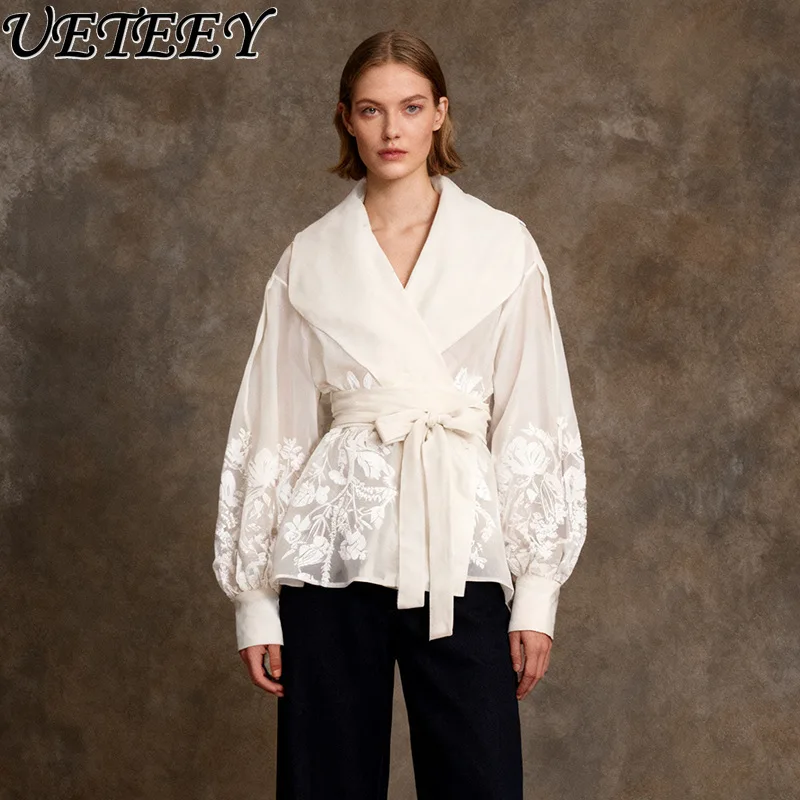 

Элегантная блузка во французском стиле с принтом, новинка весны 2026, из органзы, с большим воротником, рукавами-фонариками, завязками на талии и утягивающим эффектом, для женщин