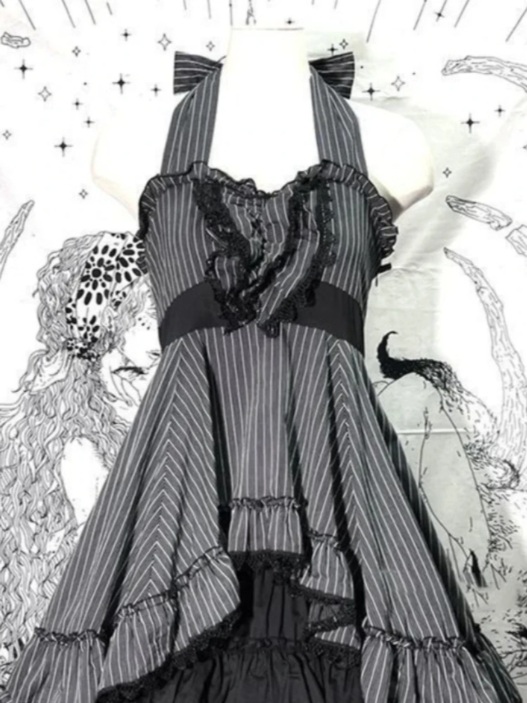 Japanese Subculture Vintage 2 Piece Set Women Y2K Gothic Stripe Lace Strap Tops Sweet High Waist Cake Mini Skirt Party Outfits