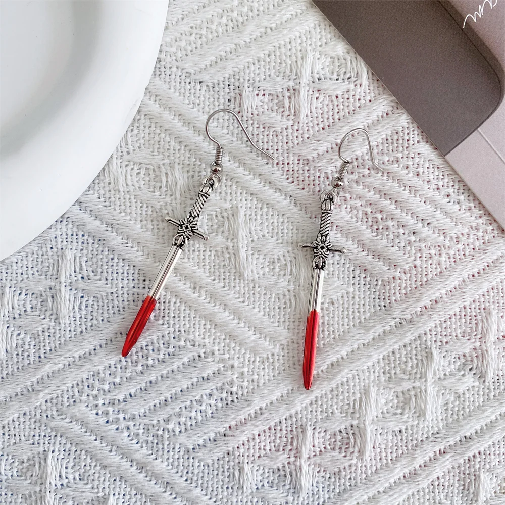 القوطية هالوين السيف الطويل الصليب القلب نازف النفط الدم وصمة عار سيدة الموضة الفاخرة المعادن الأذن هوك مهرجان مجوهرات اكسسوارات #6