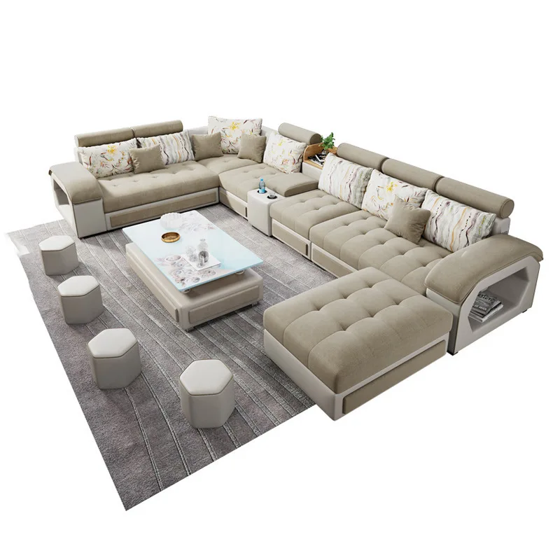 Fabric Sofa Size, Simple Modern Living Room Fully Equipped U-shaped Coffee Table TV Cabinet Cloth Sofa Set Combination