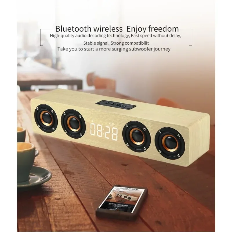 Wooden Soundbar Wireless Bluetooth Powerful TV  Speaker Boombox with Four Loudspeakers Clock Alarm Home Theater System Subwoofer